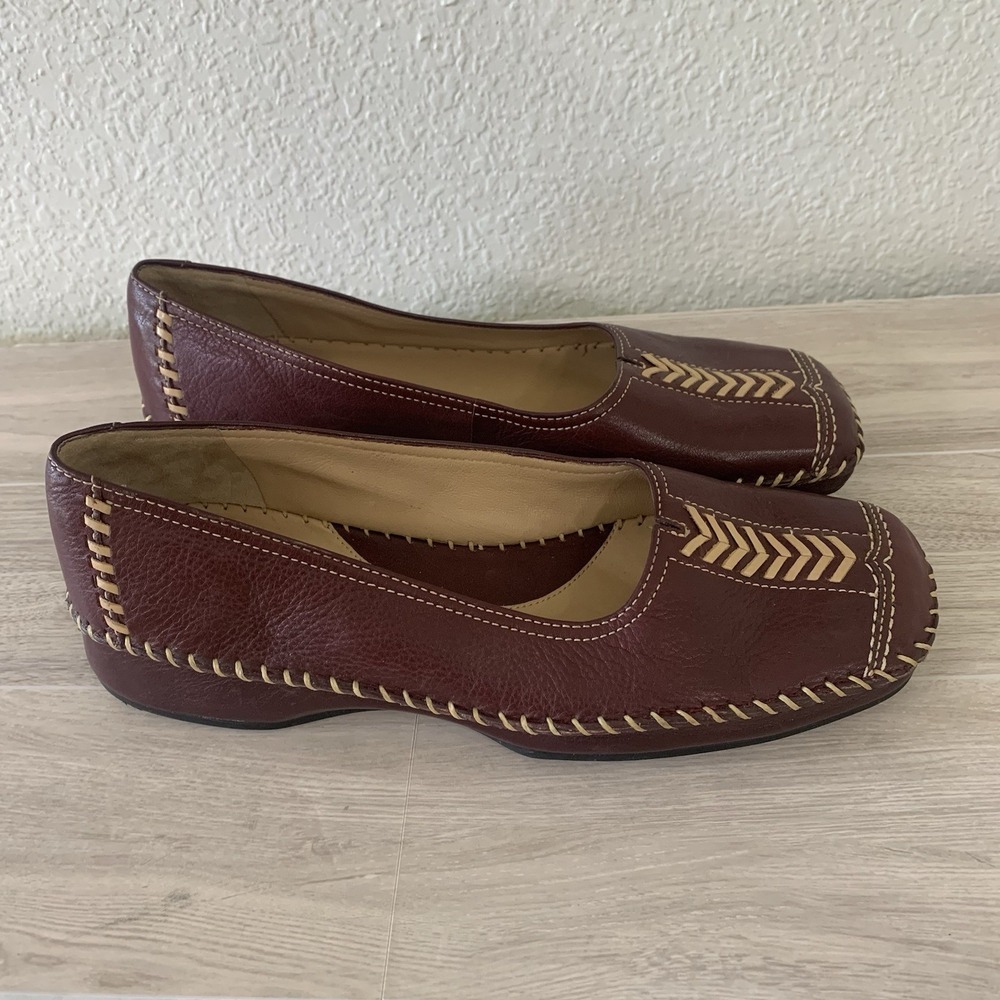 Nurture Burgundy Red Tan Leather Stitched Slip On Shoes Women's Size 6M
